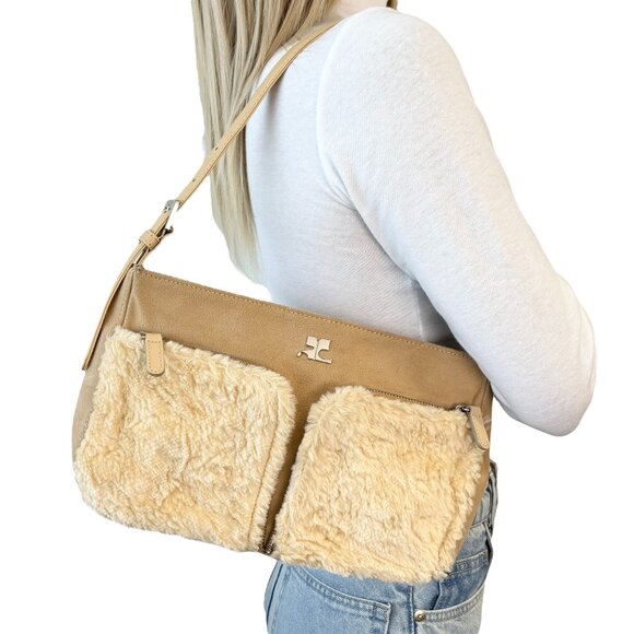 Courreges Vintage Logo Suede Shoulder Bag Boa Pocket Zip Beige Silver [103916]